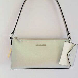 Michael Kors Vincent Medium Pouchette Card Case Silver Shoulder Handbag Metallic